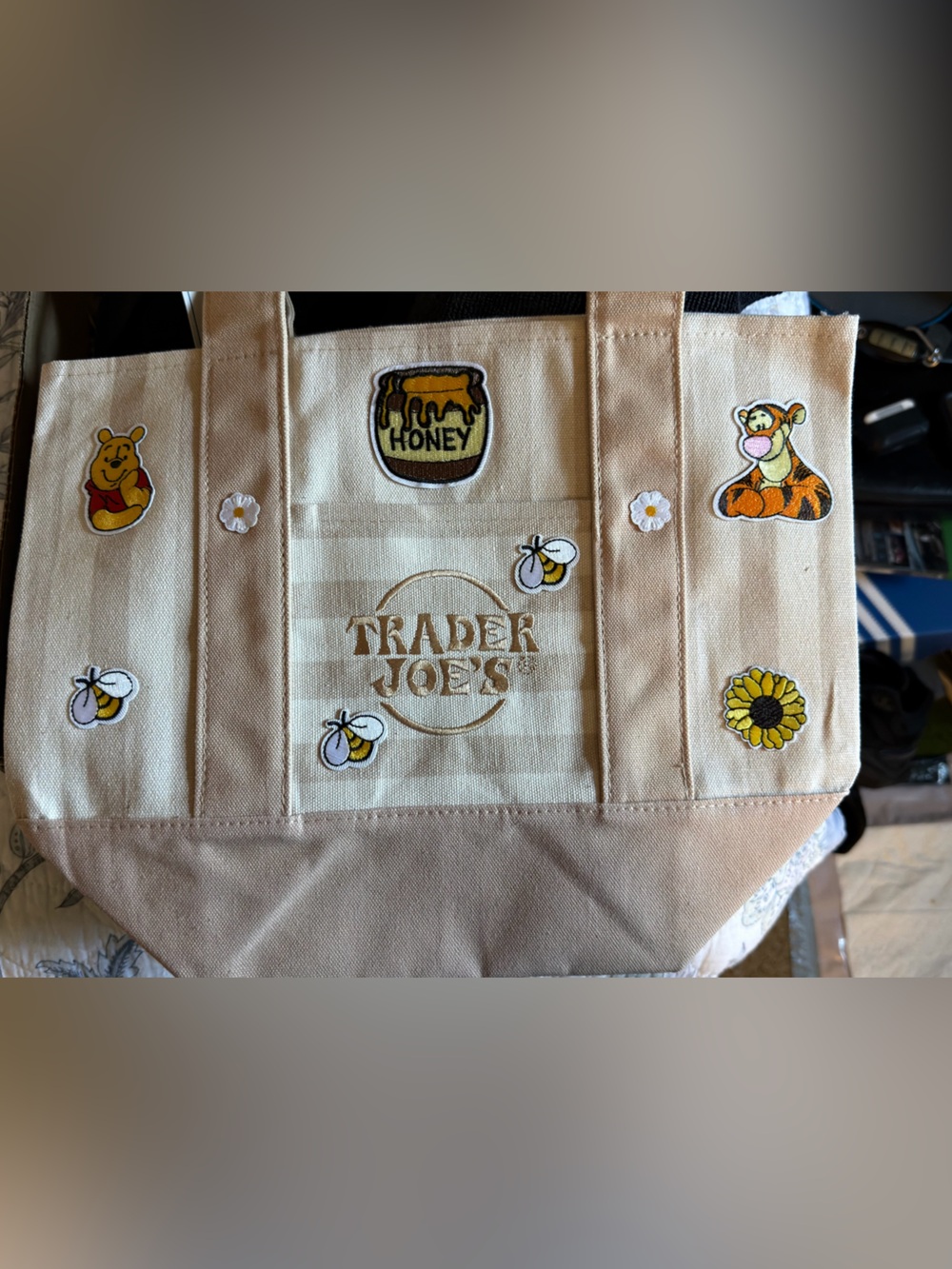 Trader Joe's Beige & Cream Striped Tote with Winnie-the-Pooh Patches
